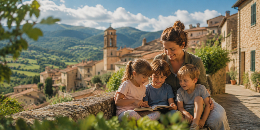 Un'educatrice sorveglia tre bambini che leggono un libro seduti su un muretto pietra. Sullo sfondo c'è un borgo storico collinare