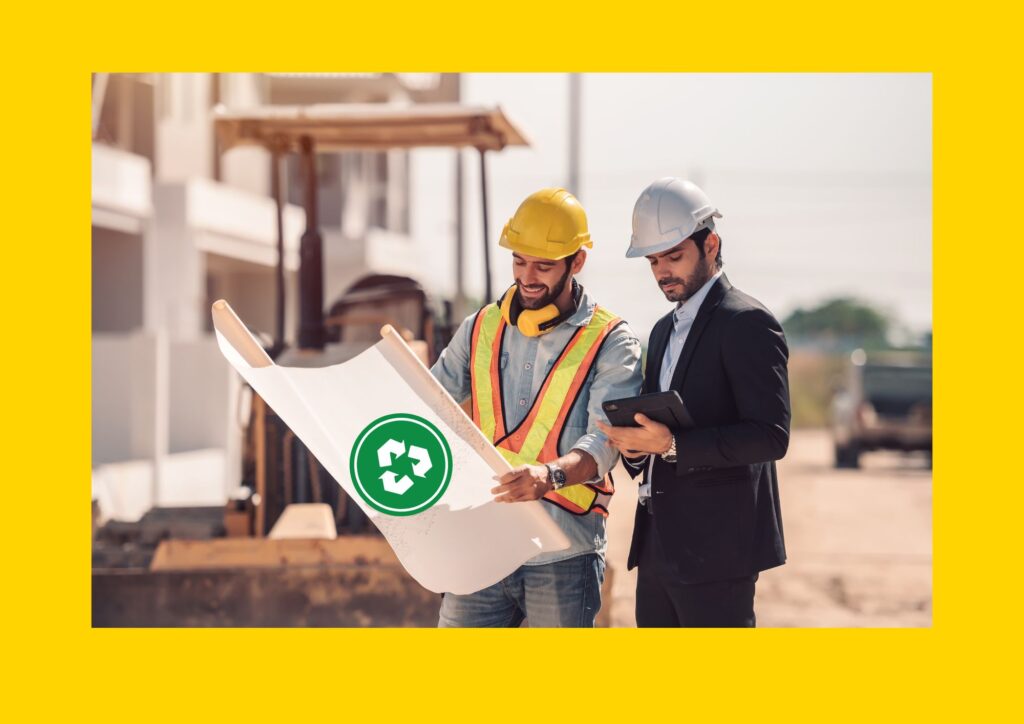 Due giovani ingegneri stanno guardando un progetto di edilizia sostenibile mentre sono in un cantiere