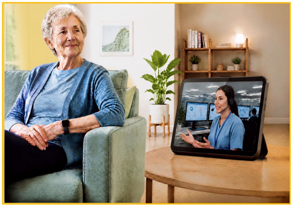 Persona anziana in casa da sola con al polso orologio digitale che rileva le cadute. E' seduta sul divano mentre è in collegamento tramite tele assistenza digitale con personale della centrale operativa disponibile 24h su 24h