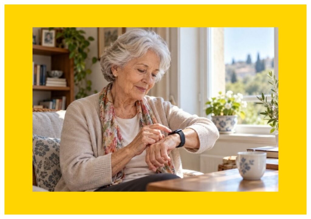 Anziani donna sola in casa sta utilizzando smartwatch per anziani