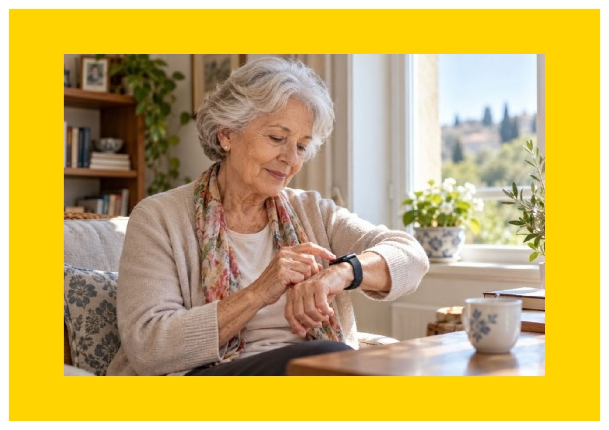 Anziani donna sola in casa sta utilizzando smartwatch per anziani